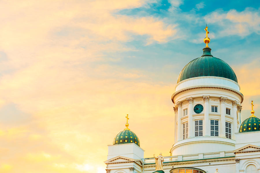 Helsinki Cathedral, Helsinki, Finland. Close Up Dome At Summer Sunset Evening With Dramatic Sky