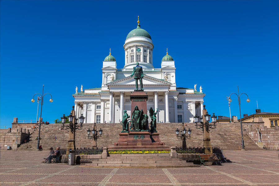 Helsinki Cathedral and the statue of tsar Alexander II in a beautiful summer day