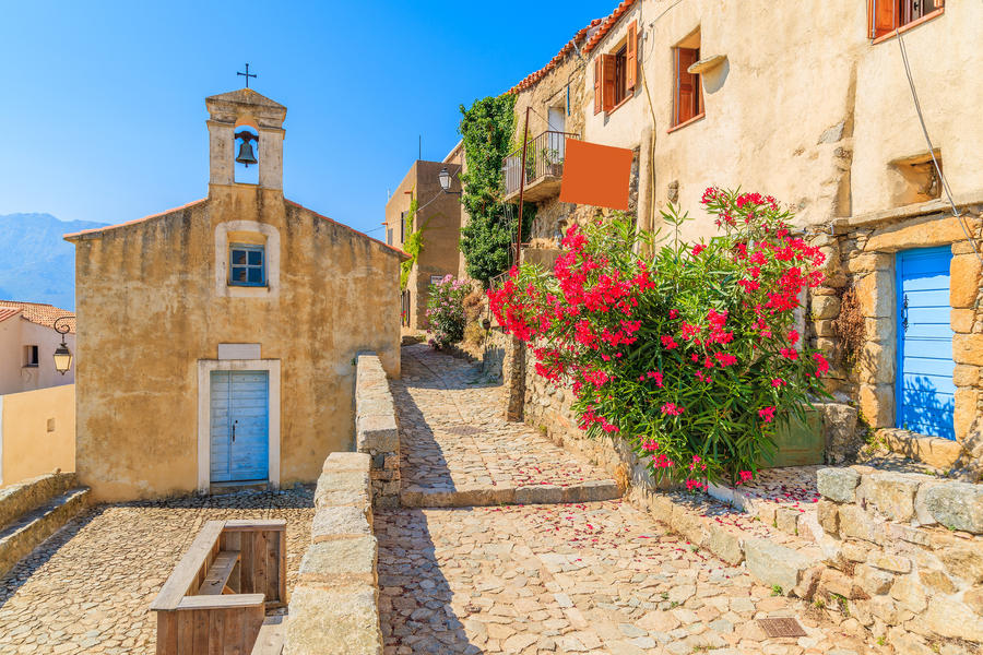 Typical church in small Corsican village of Sant&#39; Antonino, Corsica, France