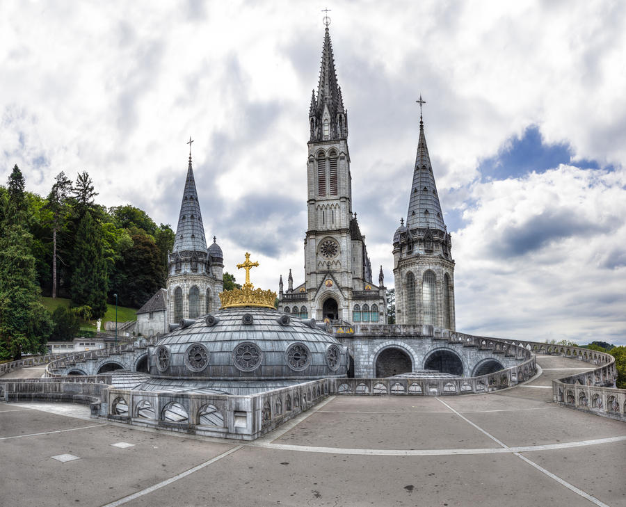 The Upper Basilica with gilded crown in Lourdes