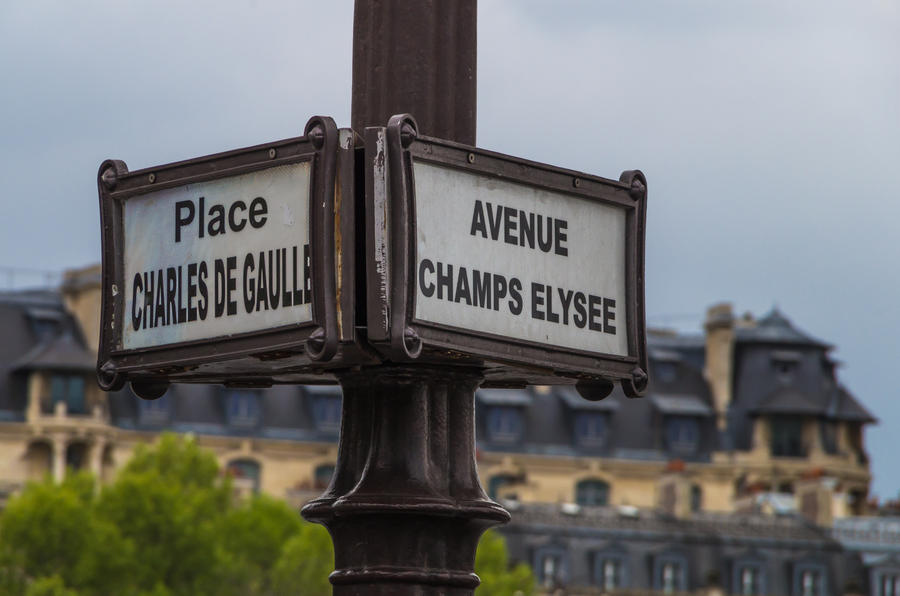 Paris France 2014 April 20, Street sign at the famous Paris intersection of Place Charles De Gaulle and Avenue Champs Elysee