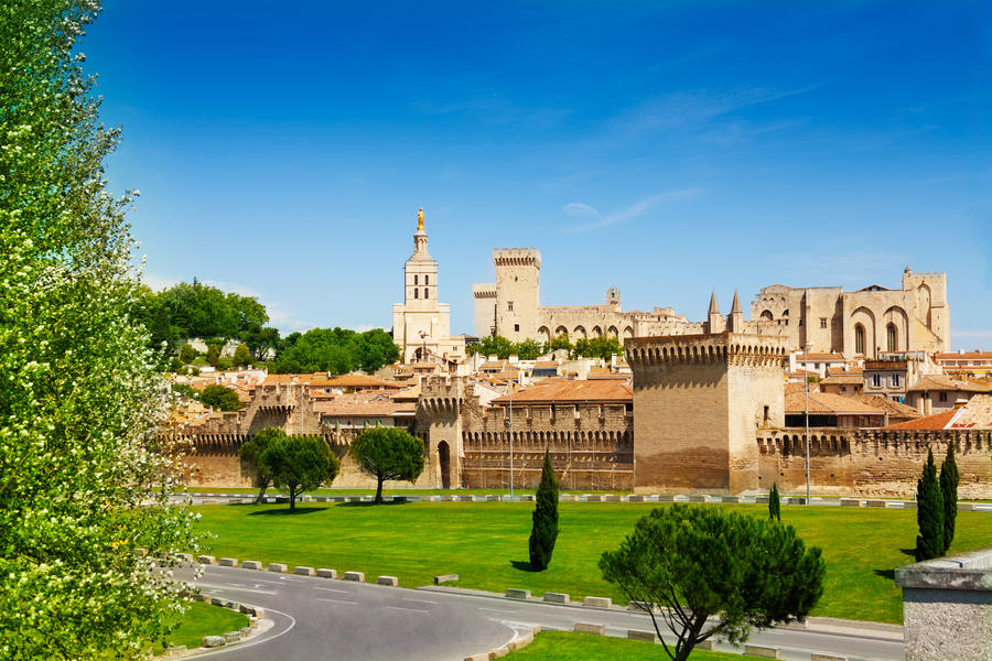 Old town of Avignon behind the city fortification walls in Provence, France