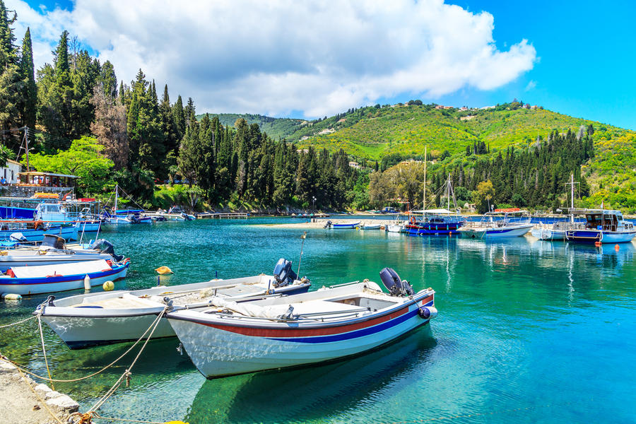 Boats in port Kouloura in Corfu, Greece