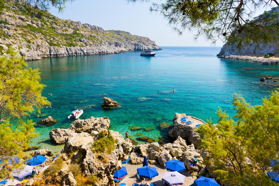 Overlooking the beautiful beach at Anthony Quinn Bay Rhodes Greece Europe