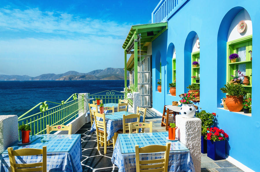 Typical blue and white Greek restaurant, Kalymnos, Dodecanese Islands, Greece