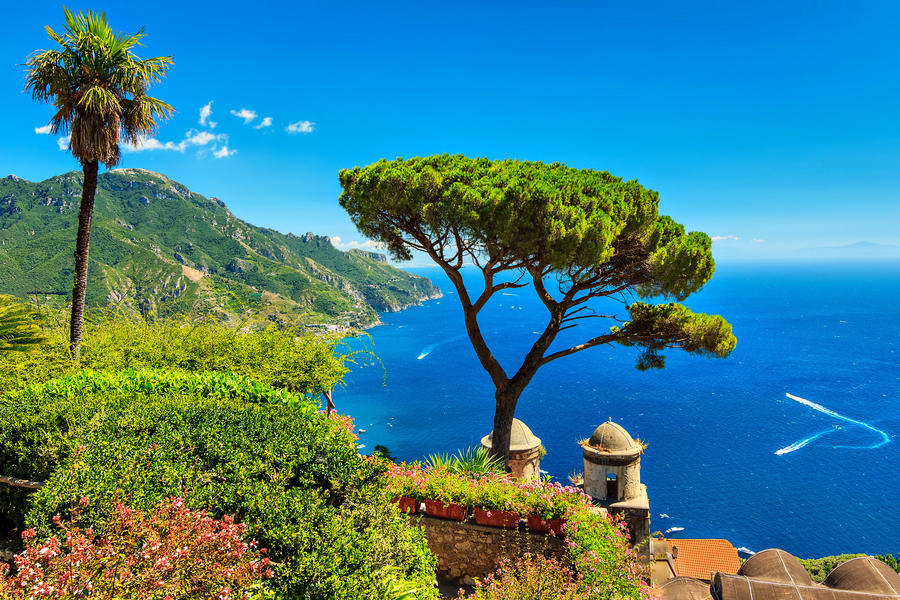 Beautiful flowers and wonderful garden terrace of Villa Rufolo,Ravello,Amalfi coast,Italy,Europe