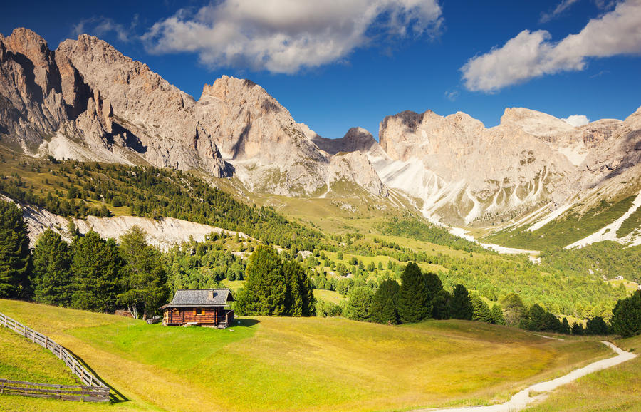 View on the Puez Odle or Geisler summits, valley Gardena. National Park Dolomites, South Tyrol. Location village Ortisei, S. Cristina and Selva Gardena, Italy, Europe. Unusual scene. Beauty world