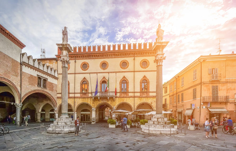 Beautiful view of famous townsquare Piazza del Popolo with historic Palazzetto Veneziano in the historic city center of Ravenna, Emilia-Romagna, Italy
