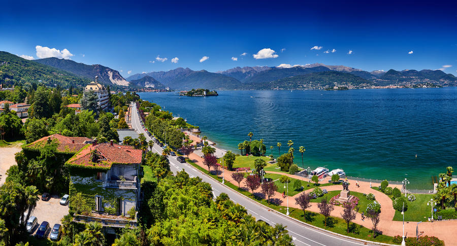 View of Lago Maggiore, Stresa Italy. Isola Superiore o dei Pescatori. Isola Bella. View of the quay Stresa.