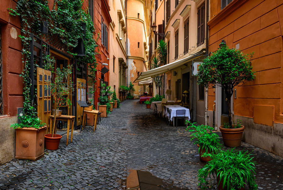 View of old cozy street in Rome, Italy.  Architecture and landmark of Rome. Postcard of Rome.