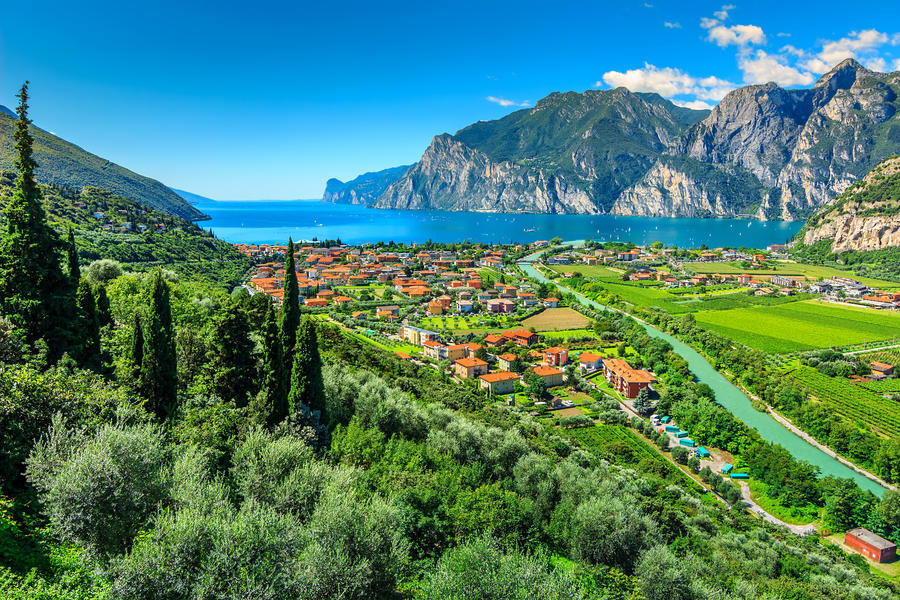 Lake Garda and Sarca river near Torbole town,Northern Italy,Europe