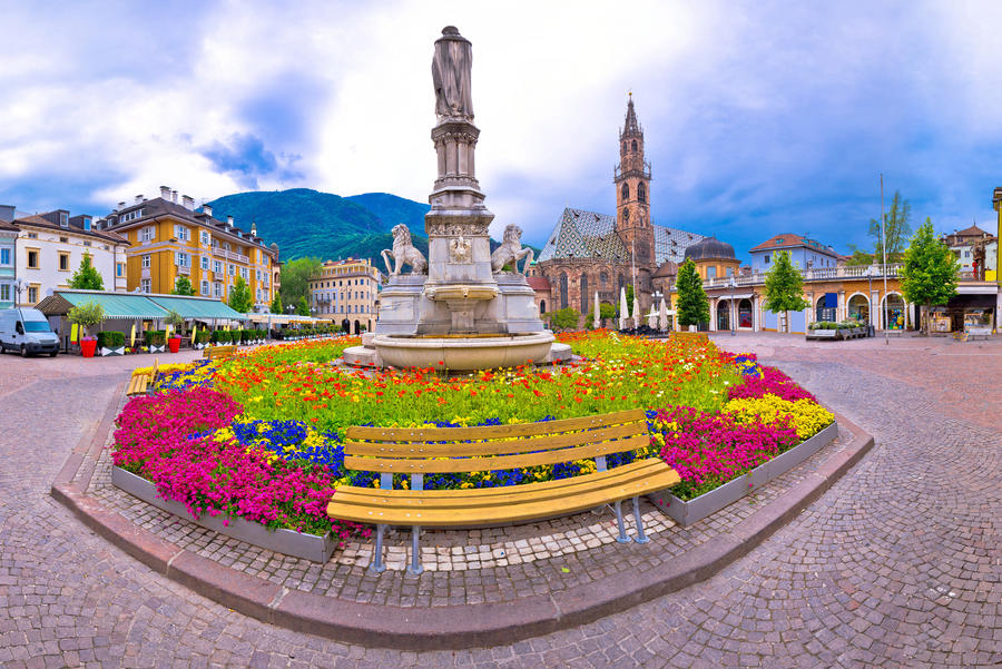 Bolzano main square Waltherplatz panoramic view, South Tyrol region of Italy