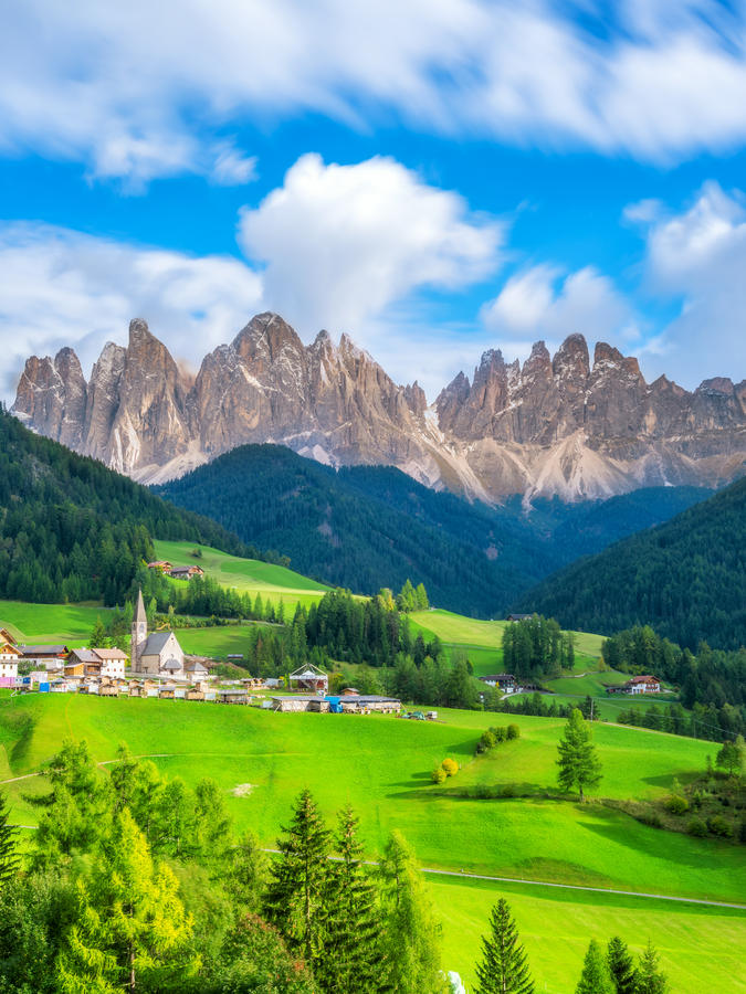 Dolomites Italy landscape at Santa Maddalena or St. Magdalena village with Geisler or Odle Dolomites Group. The beautiful mountain landscape attracts tourist to travel to Dolomites in Northern Italy.