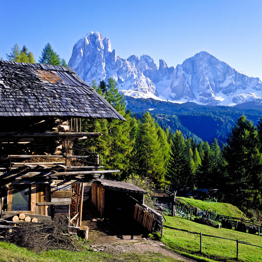 wooden house in south tirol with langkoffel in background