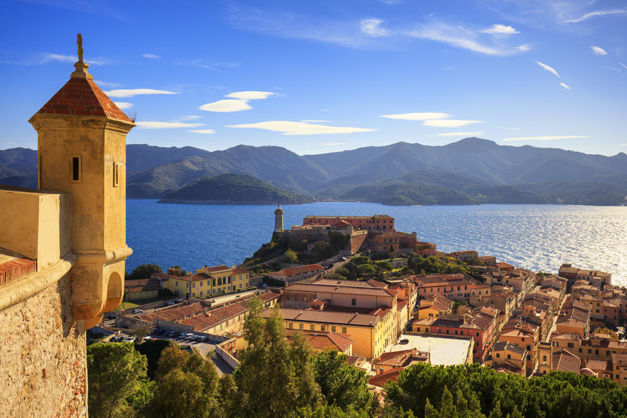 Elba island, Portoferraio aerial view. Lighthouse and medieval fort. Tuscany, Italy, Europe.