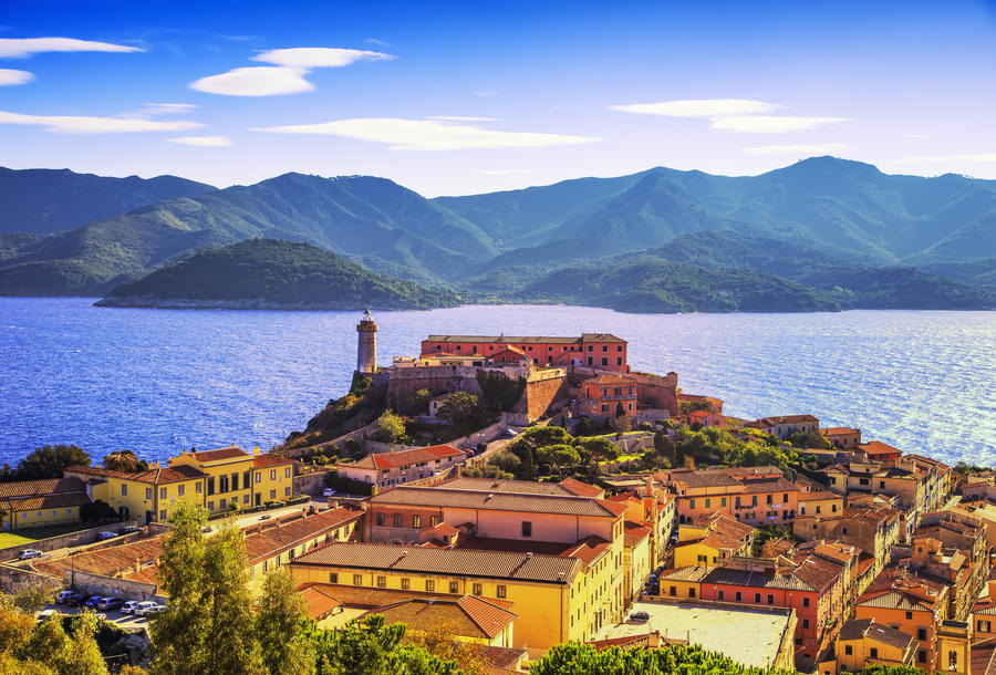 Elba island, Portoferraio aerial view. Lighthouse and fort. Tuscany, Italy, Europe.