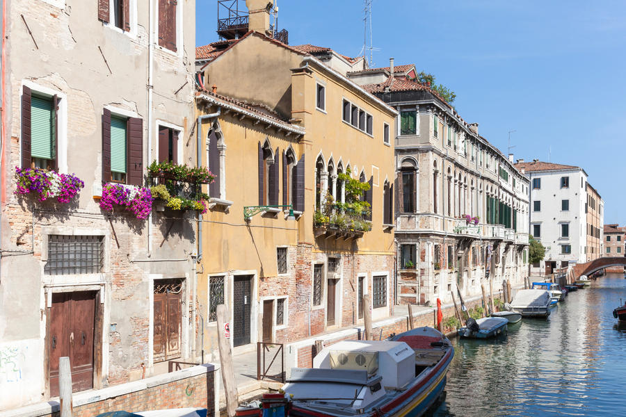 Picturesque back canal Rio di Santa Caterina and Fondamenta Zen. Cannaregio, Venice, Veneto, Italy  with ancient palaces and reflections