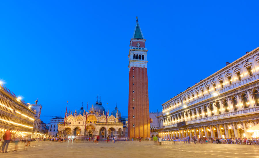 The Campanile in The Saint Mark's square in Venice in the dusk, Italy