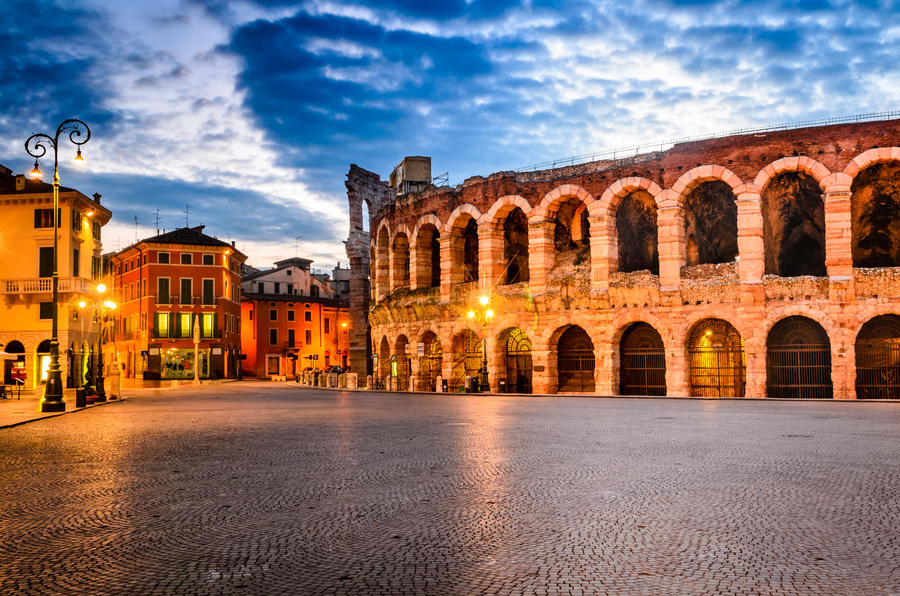 The amphitheatre, completed in 30AD, the third largest in the world, at dusk time. Piazza Bra and Roman Arena in Verona, Italy