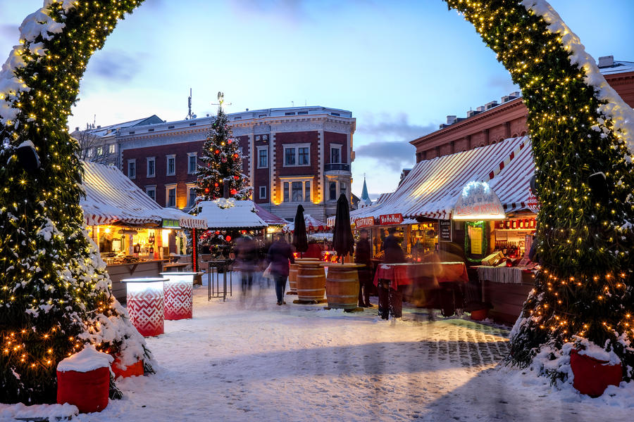 Christmas market place at the Dome square in Riga Old Town, Latvia