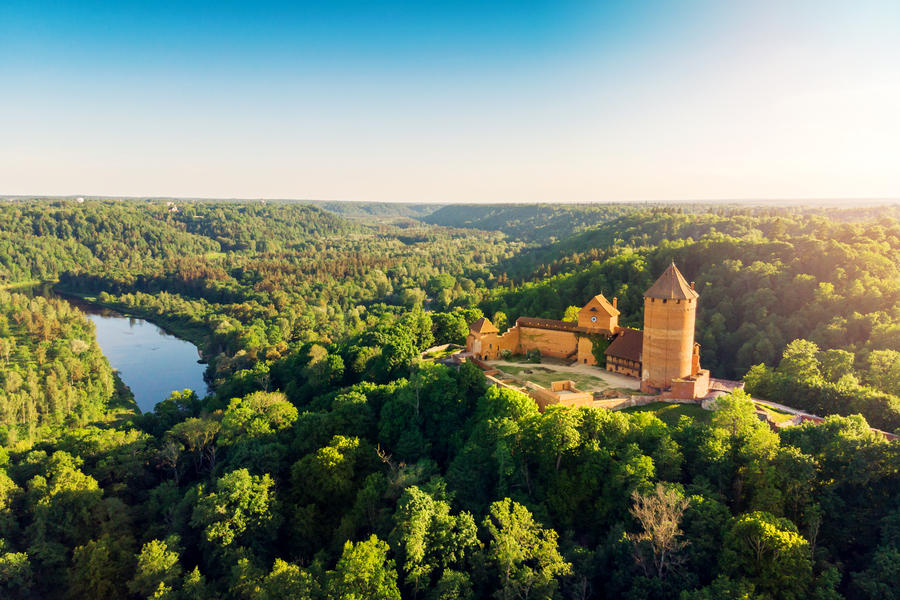 aerial view to the Turaida castle and river Gauja at sunset, Latvia