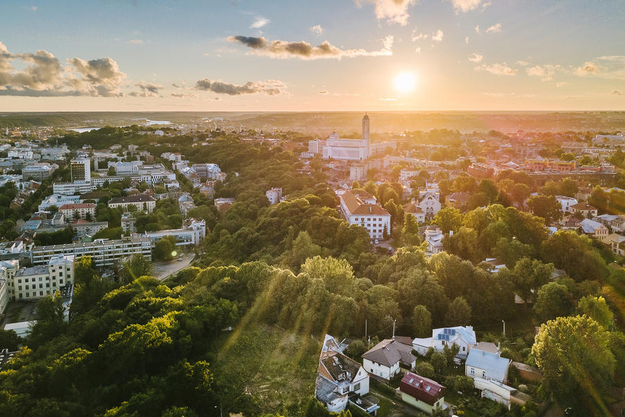 Summer landscape of Kaunas city, Lithuania. Drone aerial view