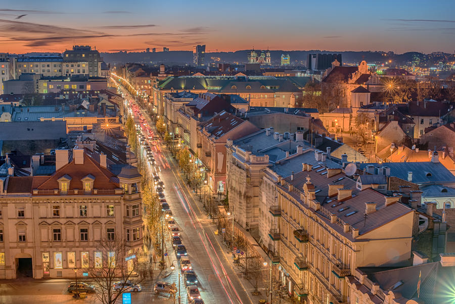 Aerial  night view of the old town and downtown of Vilnius, Lithuania. Gediminas avenue, Gedimino prospektas, the main street. Beautiful representative picture of the Baltic States and Eastern Europe.