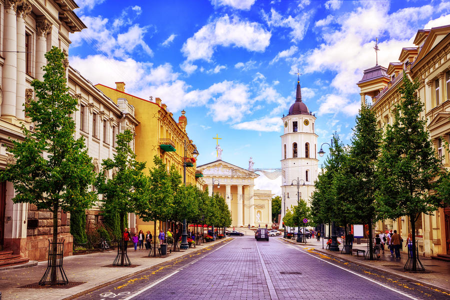Cathedral square seen from Gediminas Avenue, the main street of Vilnius, Lithuania, a popular shopping and dining location