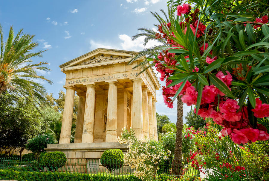 Lower Barrakka public garden and the monument to Alexander Ball in old town Valletta, capital of Malta.