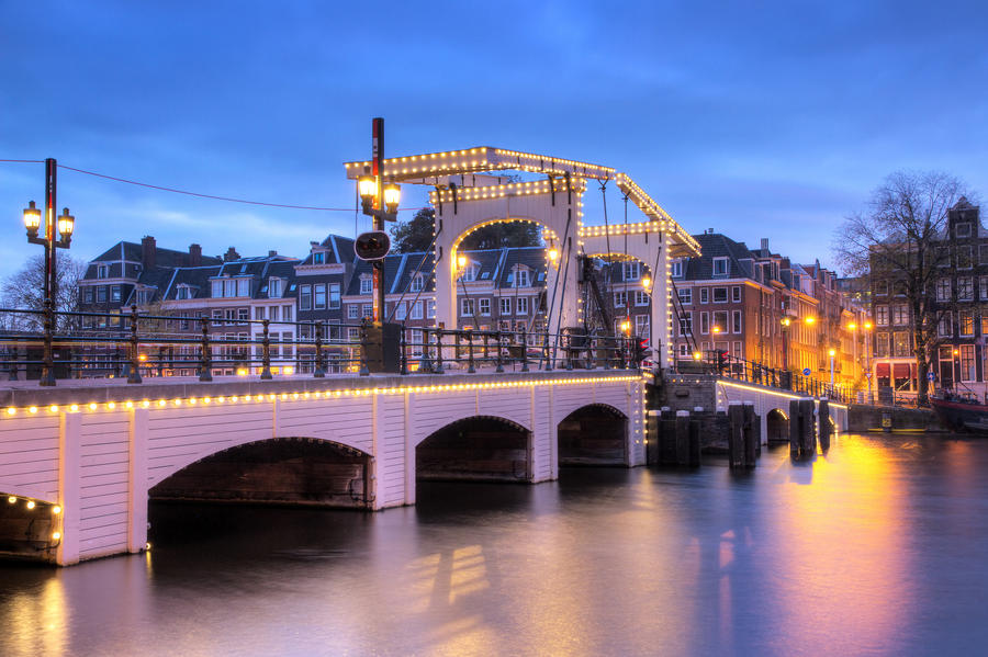 HDR image of the skinny bridge in Amsterdam, the Netherlands, early in the morning in winter