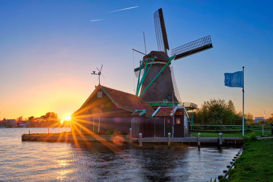 Netherlands rural lanscape Windmills at famous tourist site Zaanse Schans in Holland. Zaandam, Netherlands