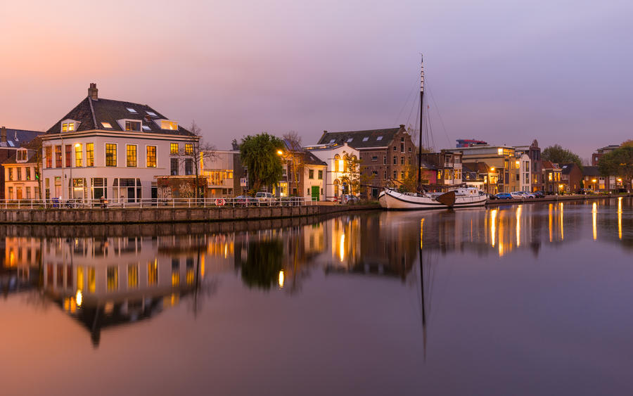 Evening Cityscape with Canal, Delft, The Netherlands