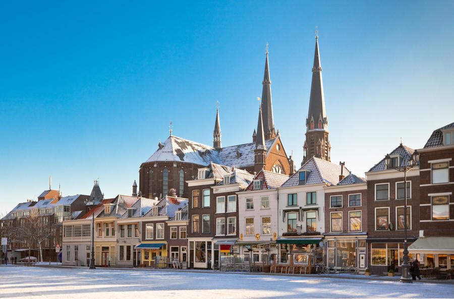 Delft Main Square at Winter Snowy Sunny Day