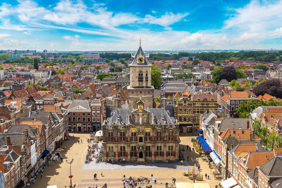 Panoramic aerial view of Delft in a beautiful summer day, The Netherlands
