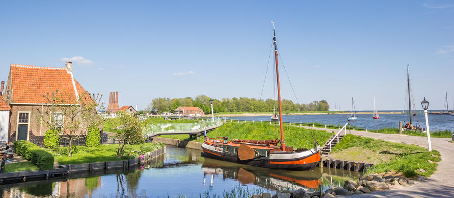 Panorama of a sailing ship at a dike in Enkhuizen, Netherlands