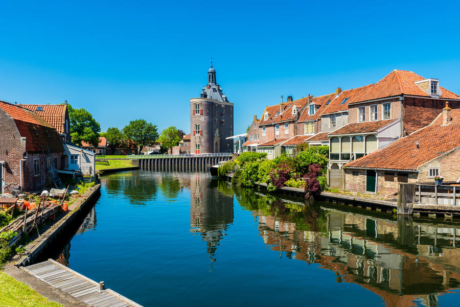 Houses along canal in Enkhuizen Netherlands