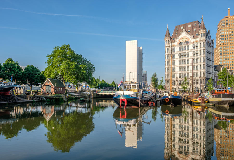 Rotterdam city cityscape skyline with The Witte Huis (White House) and Willemsbrug bridge, Oude Haven, South Holland, Netherlands.