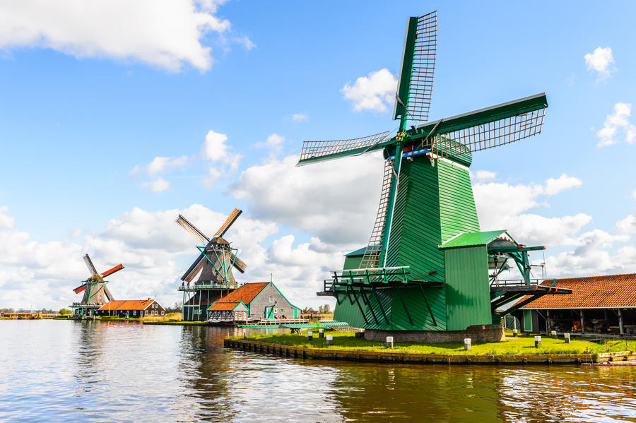 Windmills of Zaanse Schans, quiet village in Netherlands, province North Holland