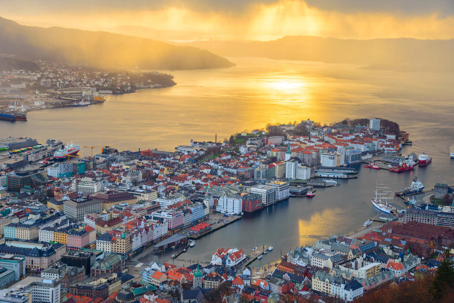 Bergen from above at twilight time, Norway