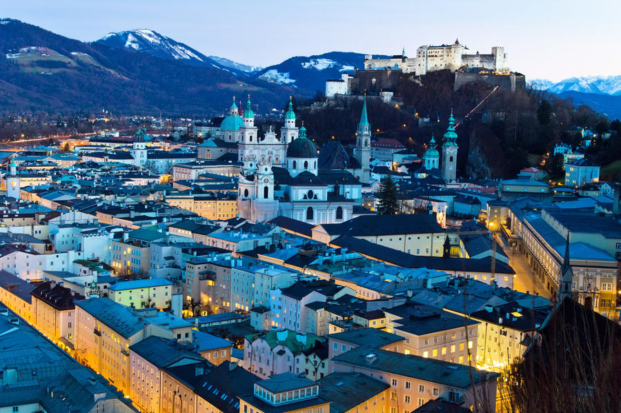 a city view of the city of salzburg in austria .. city and fortress hohensalzburg