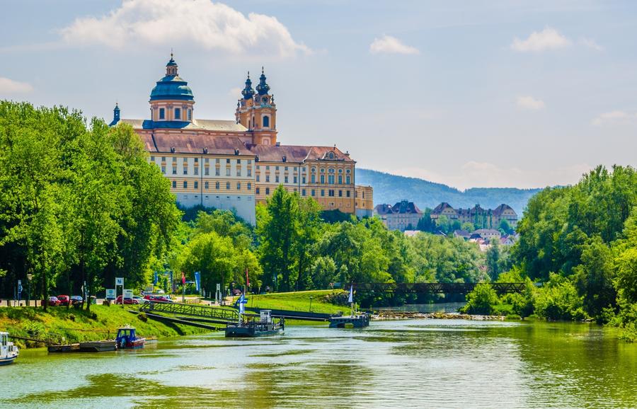 View of the melk abbey in austria from a boat deck