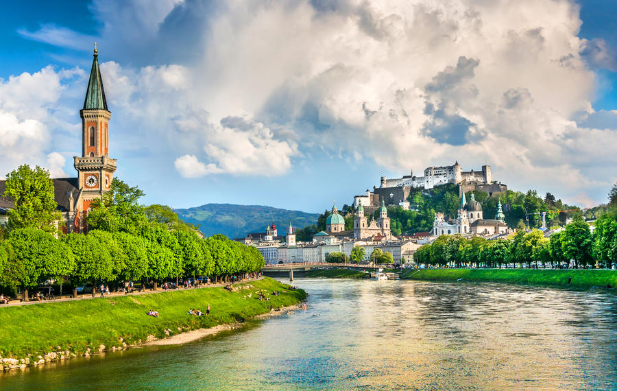 Beautiful view of Salzburg skyline with Festung Hohensalzburg and Salzach river in summer, Salzburg, Salzburger Land, Austria