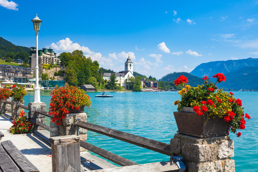 View of St. Wolfgang waterfront with Wolfgangsee lake, Austria