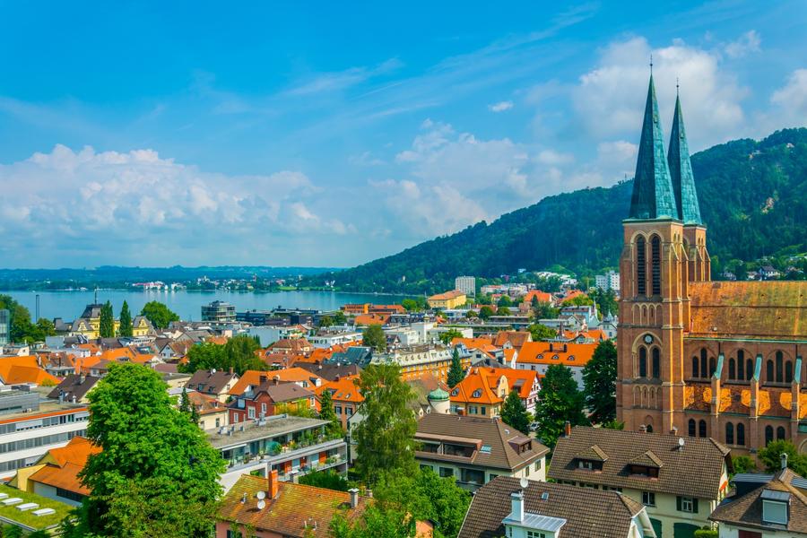 Aerial view of Bregenz dominated by the church of the sacred heart