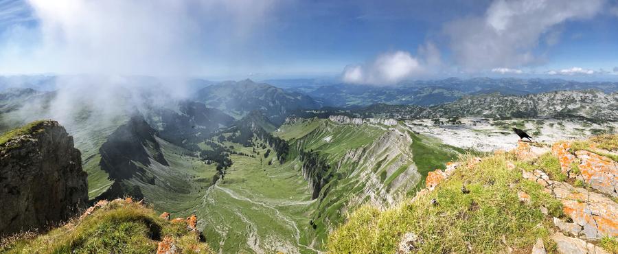 Panoramic view from the summit of the „Hoher Ifen“ with black bird on the peak edge, Kleinwalsertal, Austria