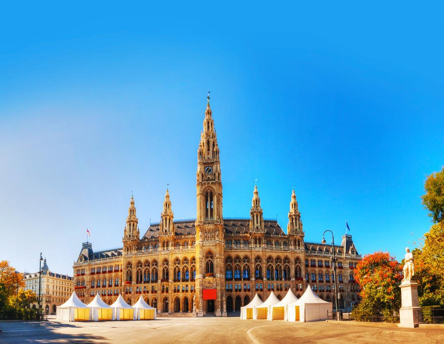 Rathaus (Cityhall) in Vienna, Austria on a sunny day. The Rathaus serves as the seat both of the mayor and city council of the city of Vienna.