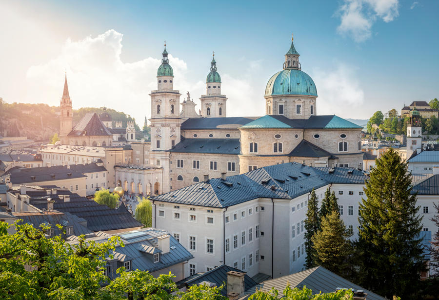 Skyline of Stadt Salzburg with Cathedral in summer at sunset, Salzburg, Austria