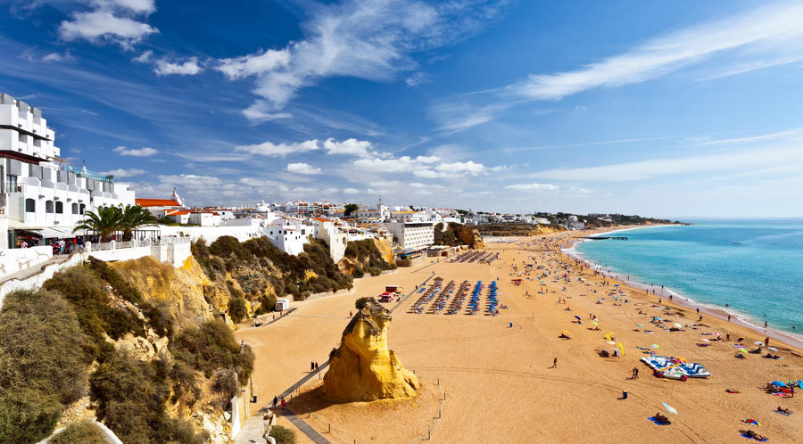 City beach Albufeira sunny September day, Algarve, Portugal