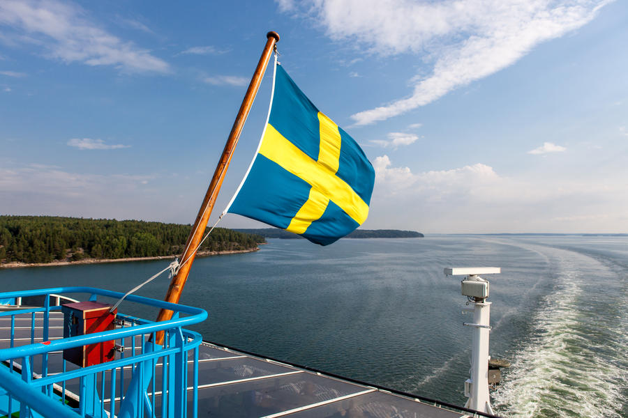 Sweden flag on ferry in Baltic sea