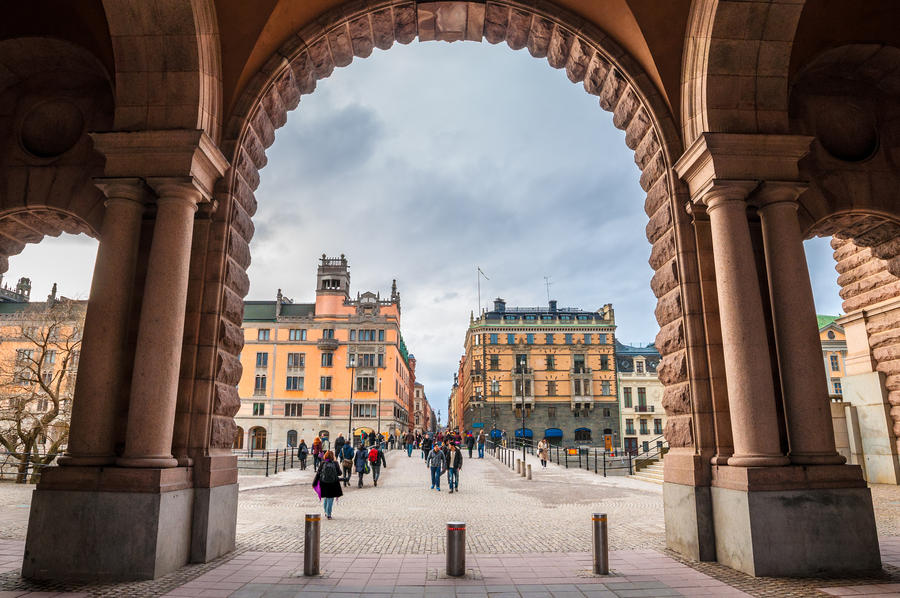 View from under the Parlament building to the famous Grottninggatan in Stockholm